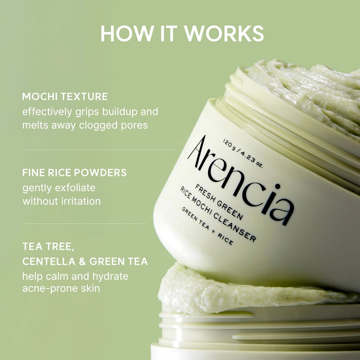 Arencia Fresh Green Rice Mochi Cleanser, Gentle Daily Cleanser for Acne-Prone Skin, 4.23oz(120g)