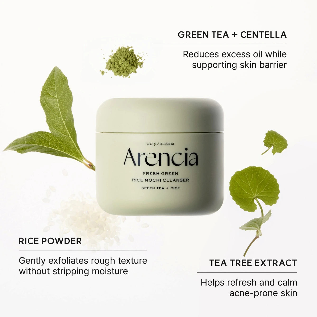 Arencia Fresh Green Rice Mochi Cleanser, Gentle Daily Cleanser for Acne-Prone Skin, 4.23oz(120g)
